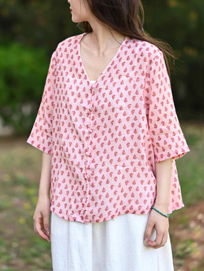 Floral Summer 100%Ramie Shirt Vintage V-Neck Women