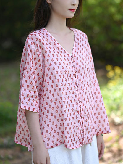 Floral Summer 100%Ramie Shirt Vintage V-Neck Women