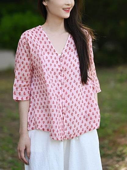 Floral Summer 100%Ramie Shirt Vintage V-Neck Women