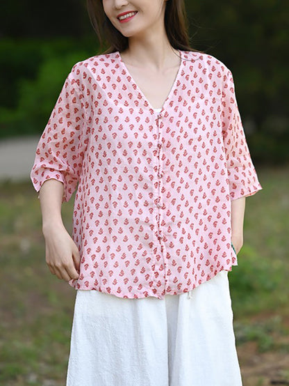 Floral Summer 100%Ramie Shirt Vintage V-Neck Women