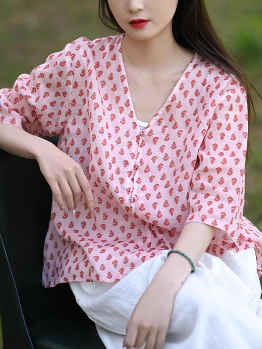 Floral Summer 100%Ramie Shirt Vintage V-Neck Women