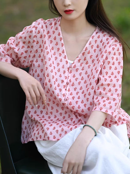Floral Summer 100%Ramie Shirt Vintage V-Neck Women