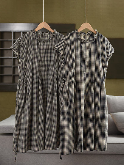 Women 100%Cotton Vintage Collar Plaid Dress Stand Summer