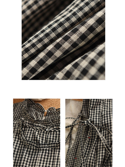 Women 100%Cotton Vintage Collar Plaid Dress Stand Summer