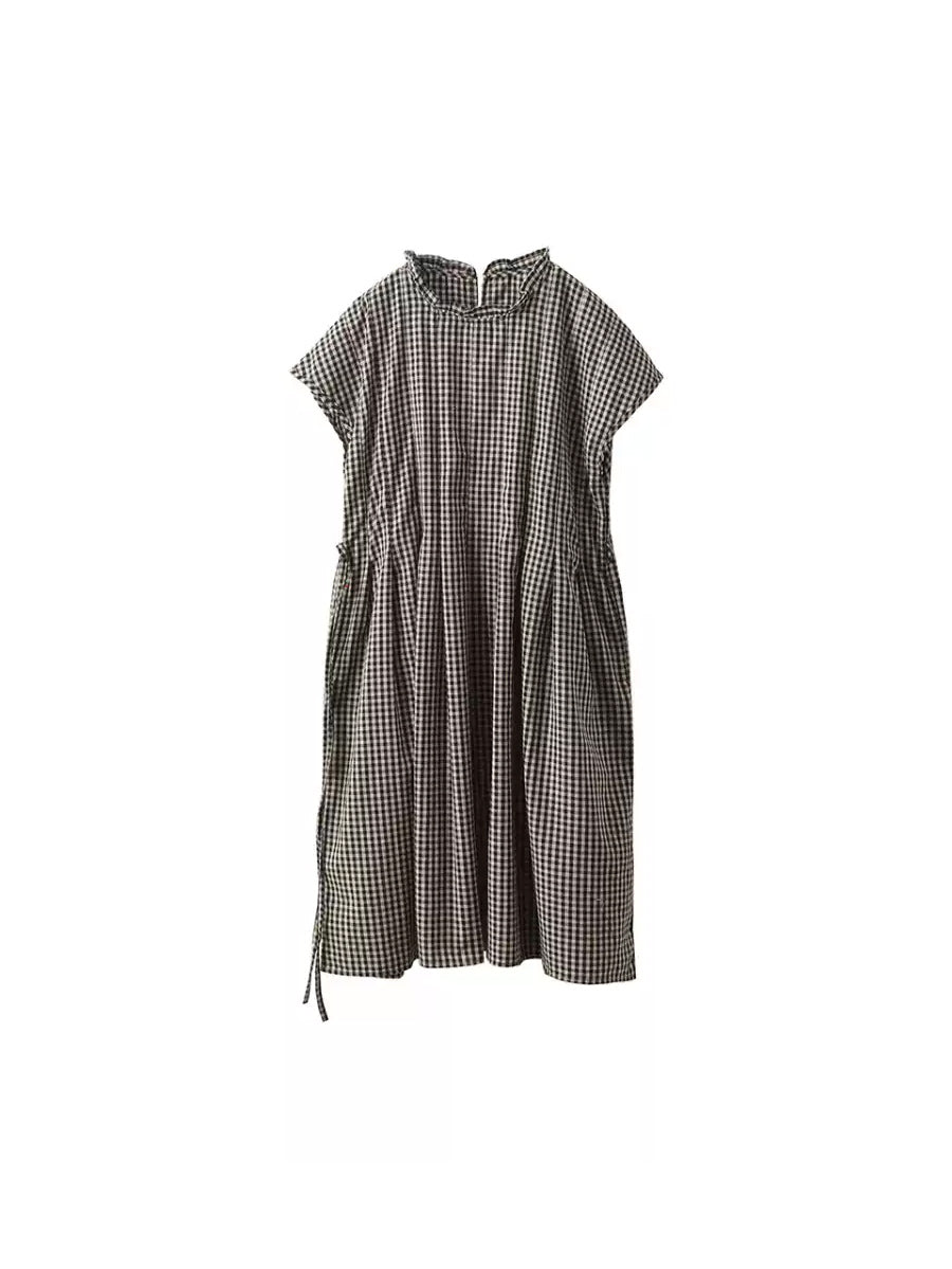 Women 100%Cotton Vintage Collar Plaid Dress Stand Summer