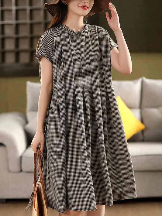 Women 100%Cotton Vintage Collar Plaid Dress Stand Summer