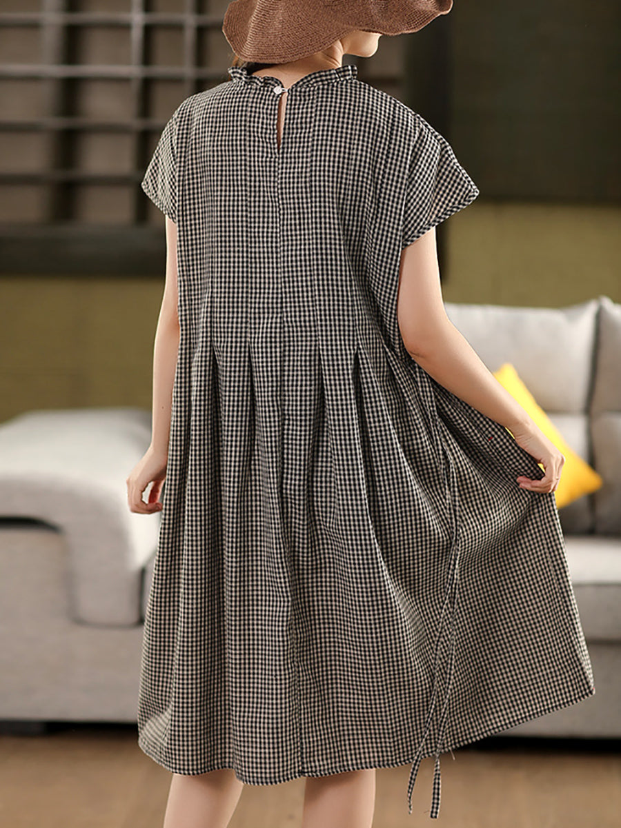 Women 100%Cotton Vintage Collar Plaid Dress Stand Summer
