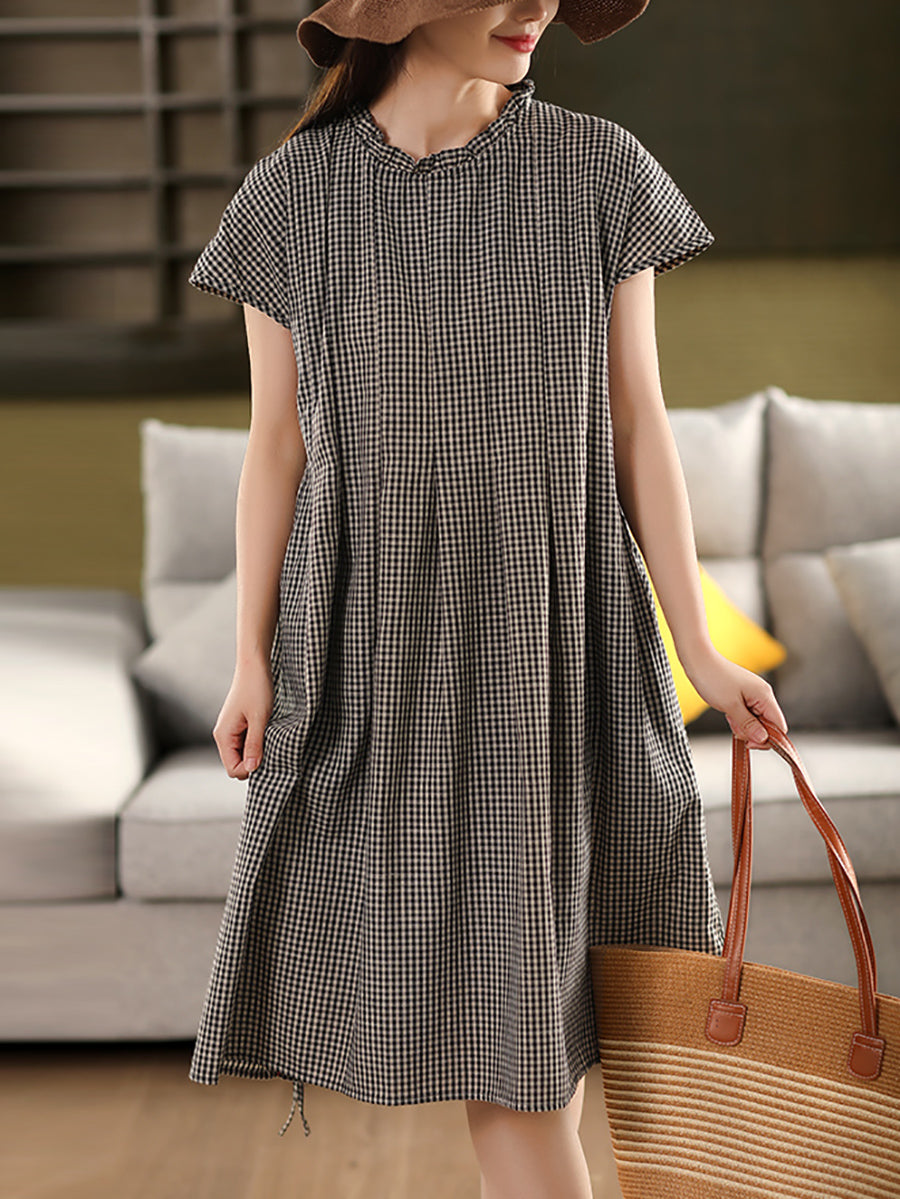 Women 100%Cotton Vintage Collar Plaid Dress Stand Summer