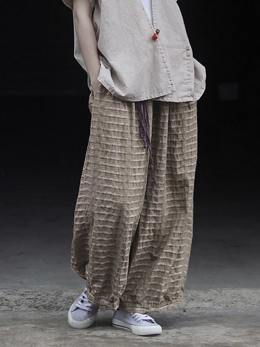 Summer Women Stripe Pants Wide-leg Retro Ramie