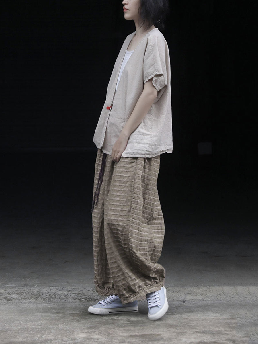 Summer Women Stripe Pants Wide-leg Retro Ramie