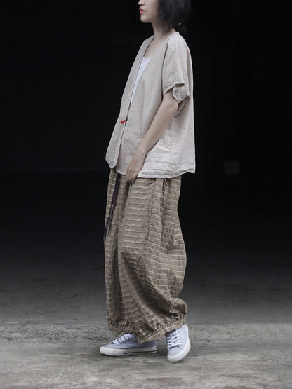 Summer Women Stripe Pants Wide-leg Retro Ramie