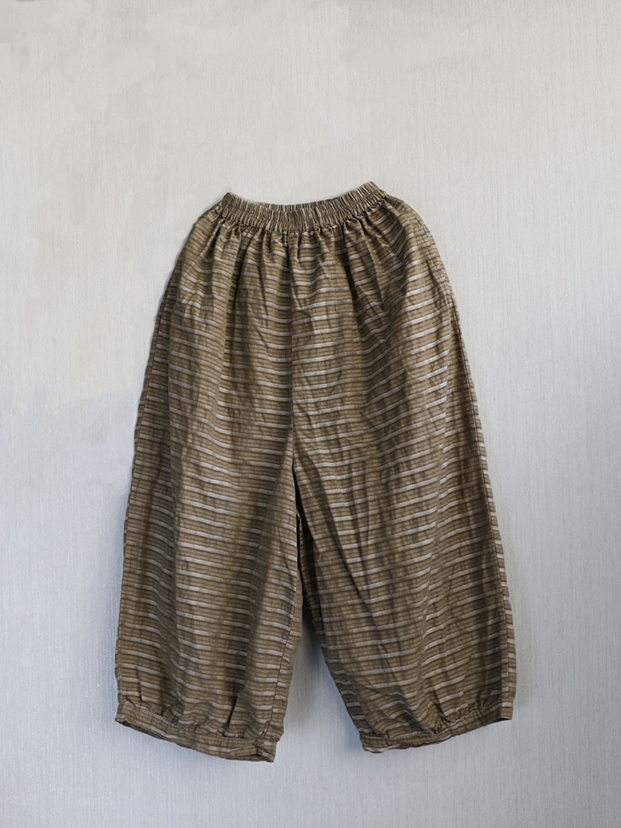 Summer Women Stripe Pants Wide-leg Retro Ramie