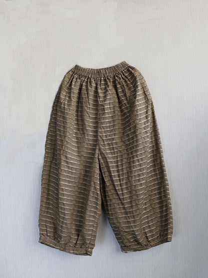 Summer Women Stripe Pants Wide-leg Retro Ramie