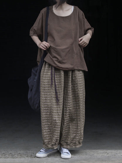 Summer Women Stripe Pants Wide-leg Retro Ramie