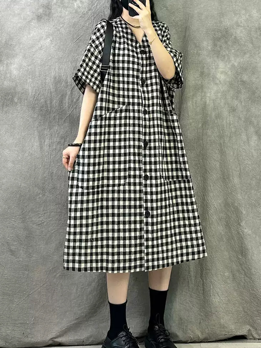 Summer V-Neck Dress Women Plaid Vintage