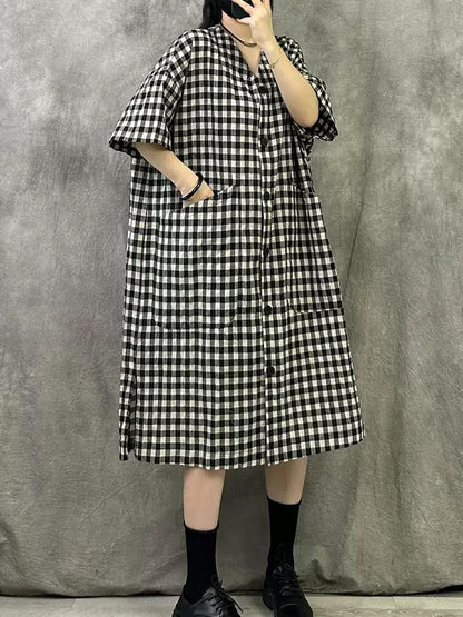 Summer V-Neck Dress Women Plaid Vintage
