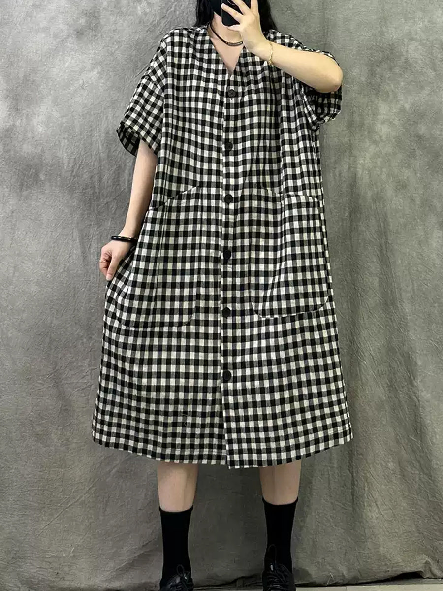 Summer V-Neck Dress Women Plaid Vintage