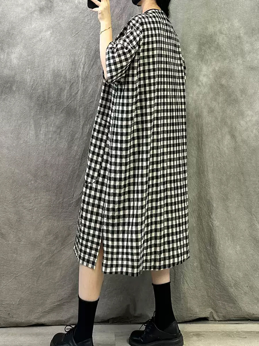 Summer V-Neck Dress Women Plaid Vintage