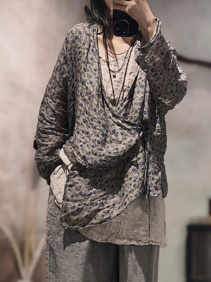 Vintage Shirt Stripe Floral Summer V-Neck Women Ramie