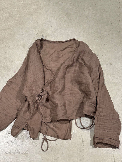 Vintage Shirt Stripe Floral Summer V-Neck Women Ramie