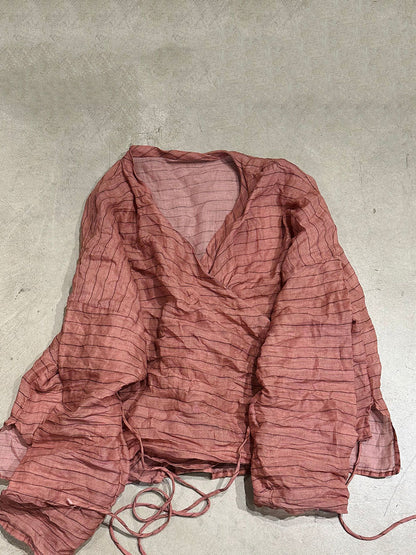 Vintage Shirt Stripe Floral Summer V-Neck Women Ramie