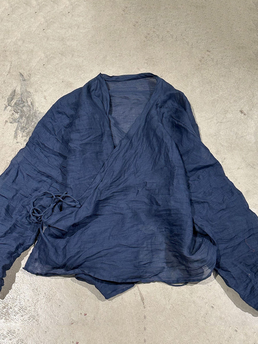 Vintage Shirt Stripe Floral Summer V-Neck Women Ramie