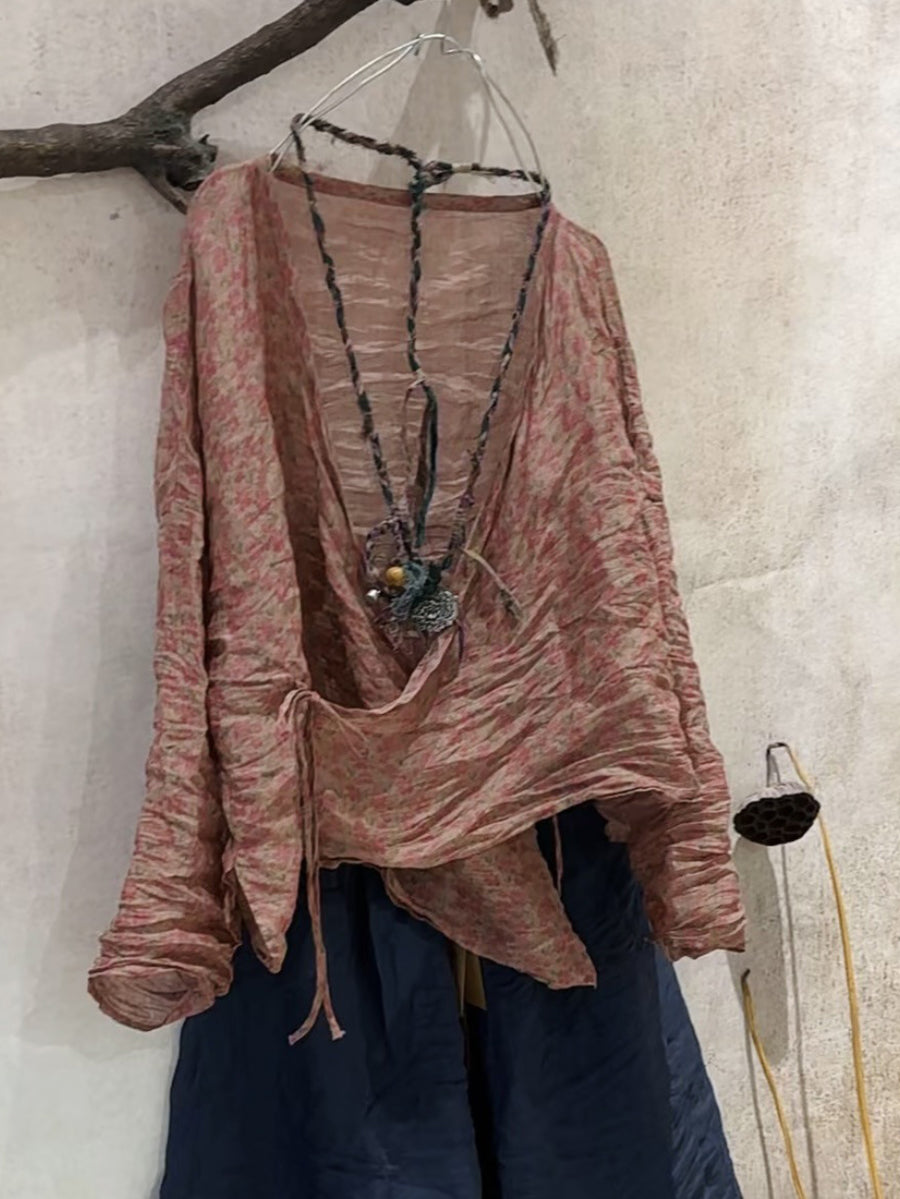 Vintage Shirt Stripe Floral Summer V-Neck Women Ramie