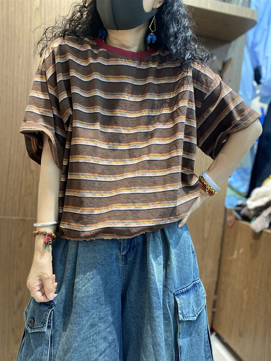 Women Cotton Stripe Retro O-Neck Summer Shirt