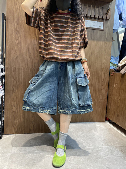 Women Cotton Stripe Retro O-Neck Summer Shirt