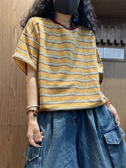 Women Cotton Stripe Retro O-Neck Summer Shirt