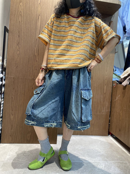 Women Cotton Stripe Retro O-Neck Summer Shirt