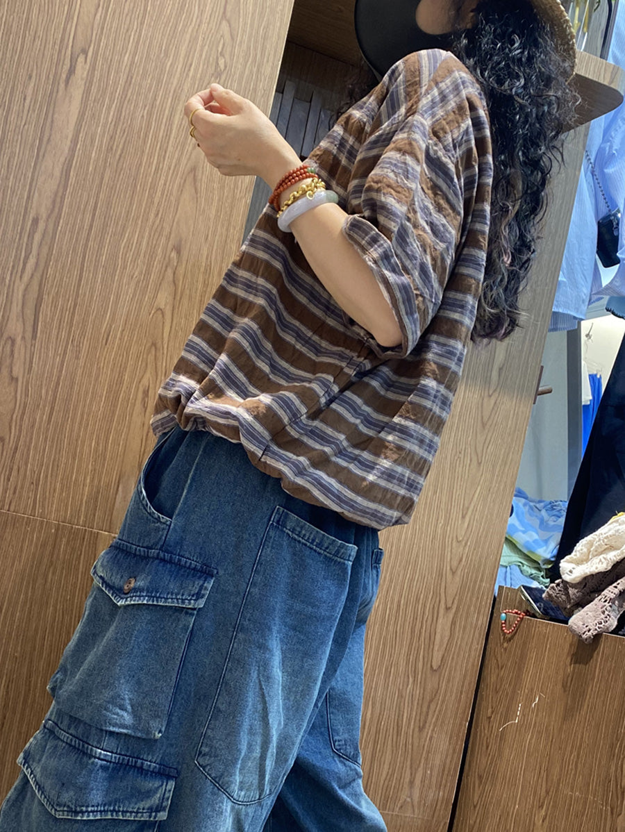 Women Cotton Stripe Retro O-Neck Summer Shirt