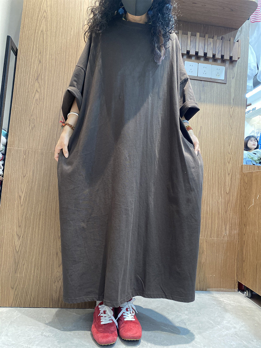 Casual Color Pure Women Dress O-Neck Cotton Maxi Summer