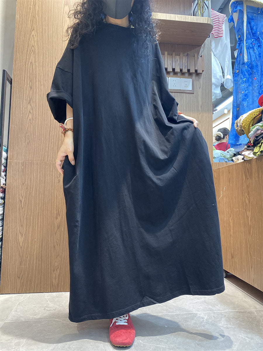 Casual Color Pure Women Dress O-Neck Cotton Maxi Summer