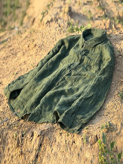 Summer Women Pure Turn-down Linen Color Retro Collar Shirt