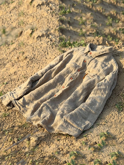 Summer Women Pure Turn-down Linen Color Retro Collar Shirt