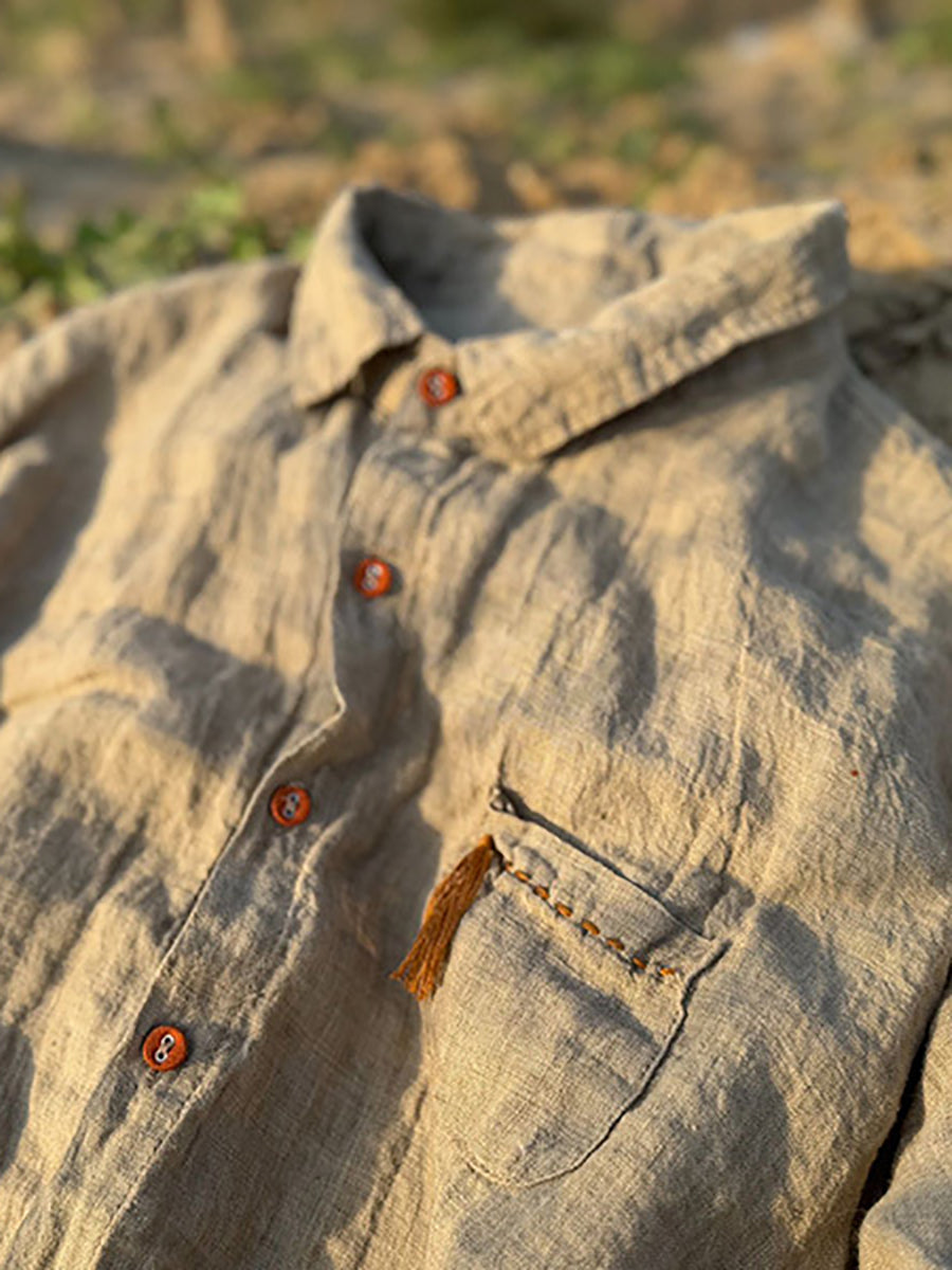 Summer Women Pure Turn-down Linen Color Retro Collar Shirt