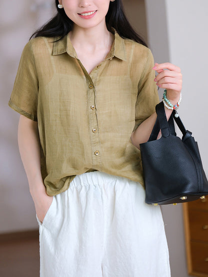 Collar Turn-down Summer Women Shirt Color Pure 100%Ramie