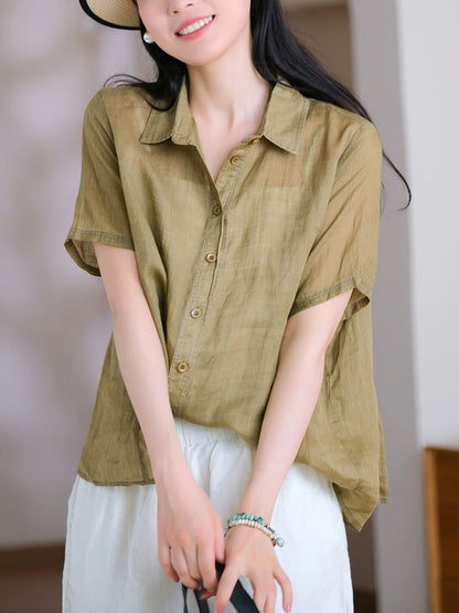 Collar Turn-down Summer Women Shirt Color Pure 100%Ramie