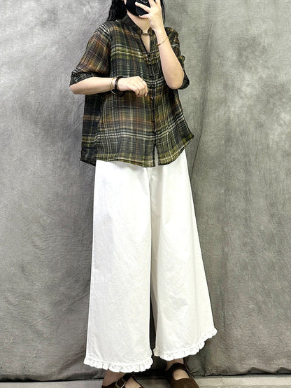 Retro Shirt Women Summer V-Neck Plaid Ramie