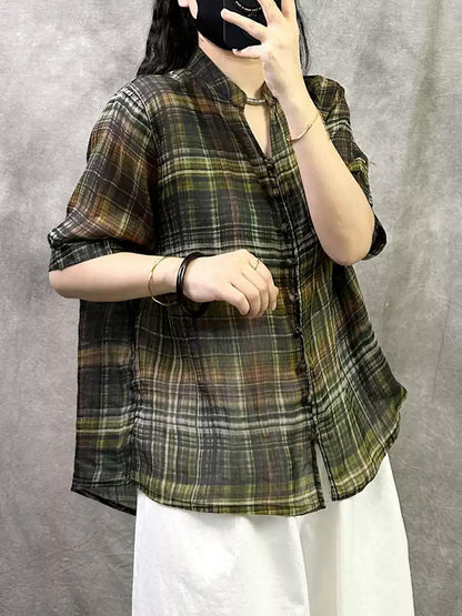 Retro Shirt Women Summer V-Neck Plaid Ramie