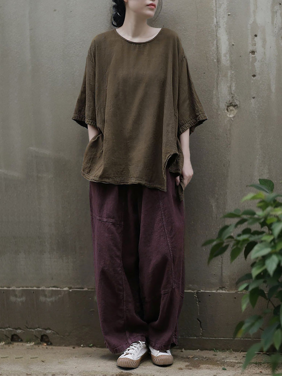 Casual Summer 100%Cotton O-Neck Pure Women Color Shirt