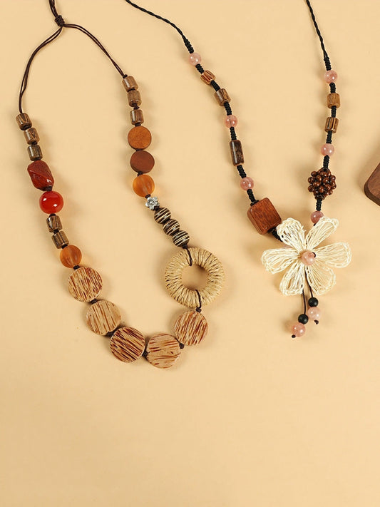 Straw Wooden Women Flower Bead Necklace Artsy