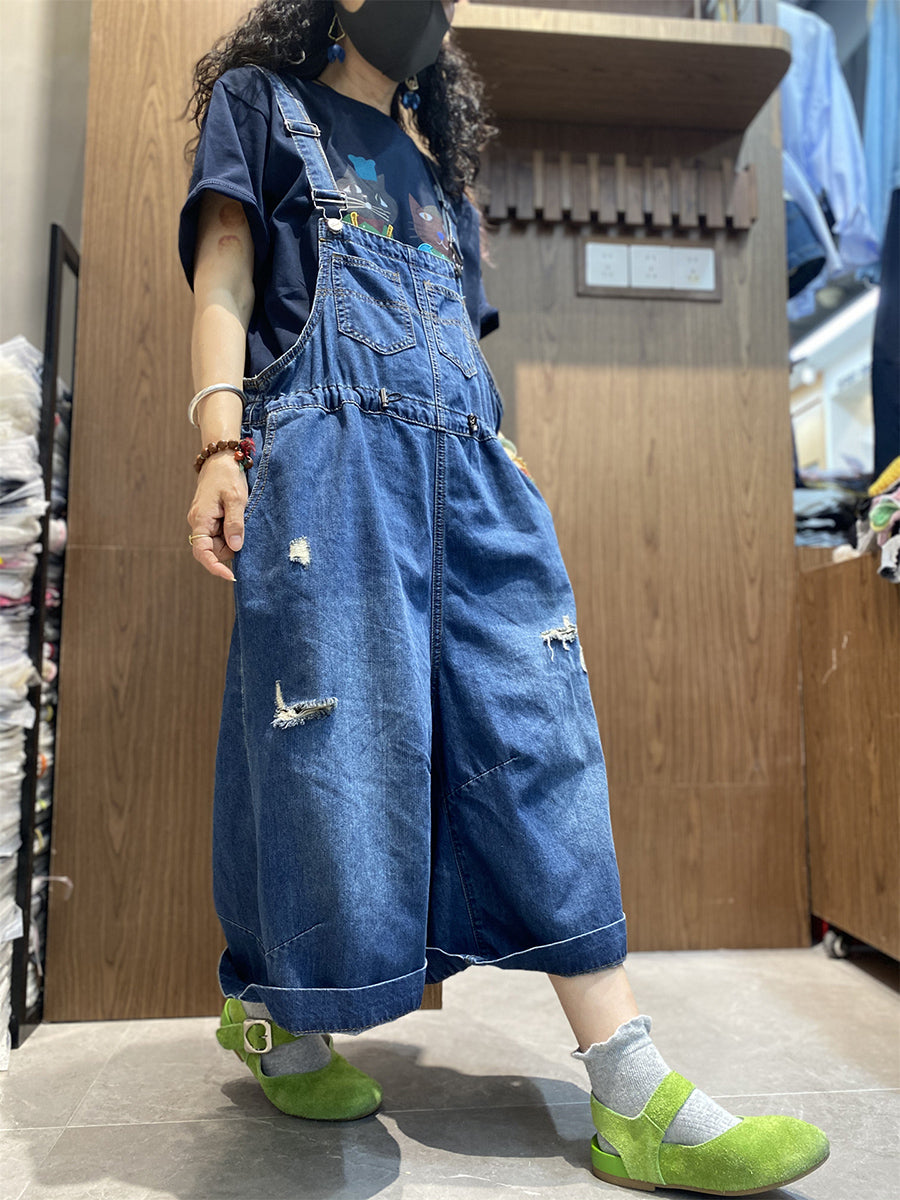 Color Women Retro Summer Jumpsuits Denim Pure Frayed Long