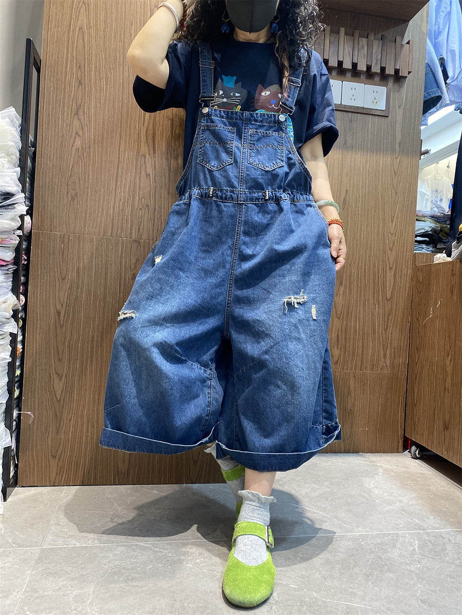 Color Women Retro Summer Jumpsuits Denim Pure Frayed Long