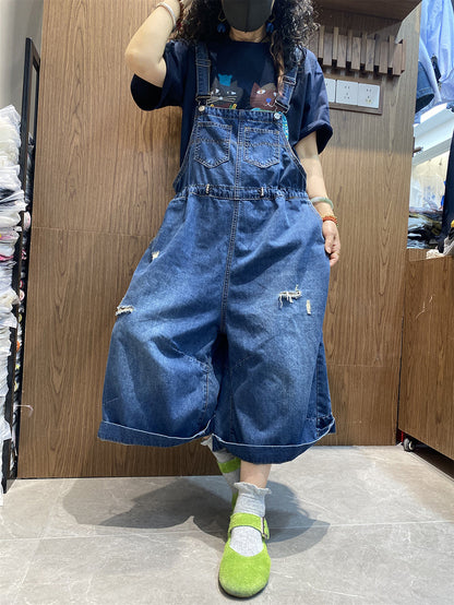 Color Women Retro Summer Jumpsuits Denim Pure Frayed Long