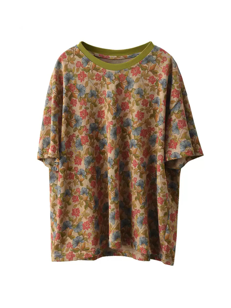 Retro O-Neck 100%Cotton Women Flower Summer Shirt