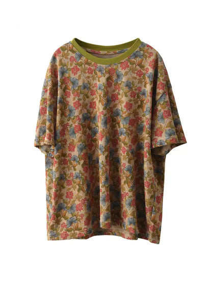 Retro O-Neck 100%Cotton Women Flower Summer Shirt