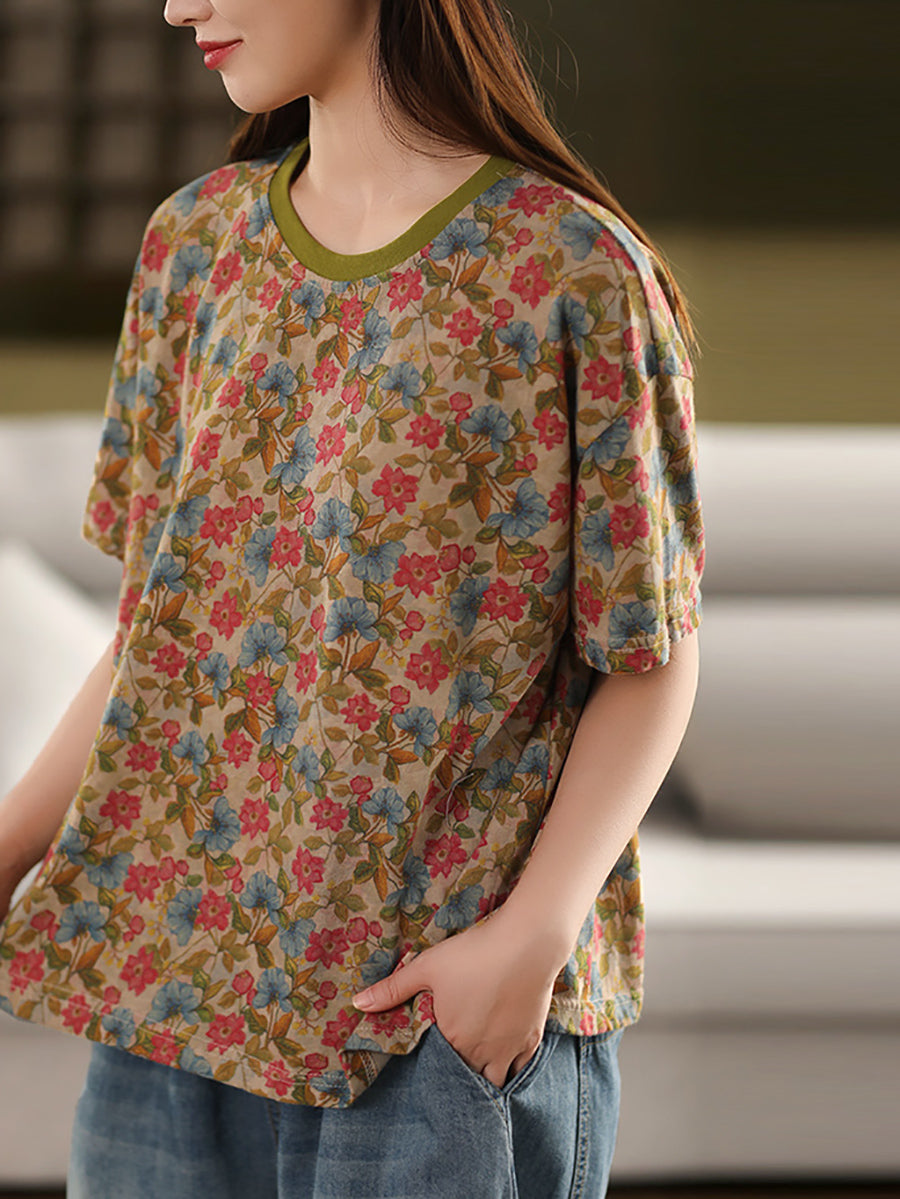 Retro O-Neck 100%Cotton Women Flower Summer Shirt
