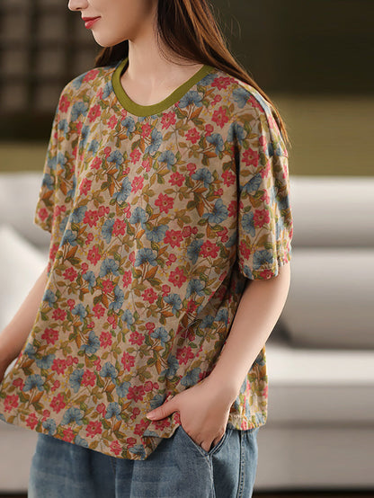 Retro O-Neck 100%Cotton Women Flower Summer Shirt